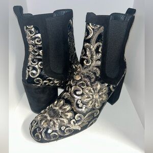 Stuart Weitzman Black and Gold Embroidered Heeled Boots